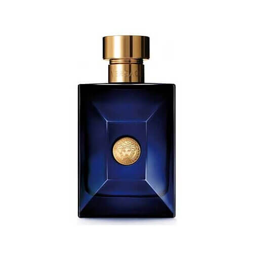 versace dylan blue parfym, blå flaska med guldkork